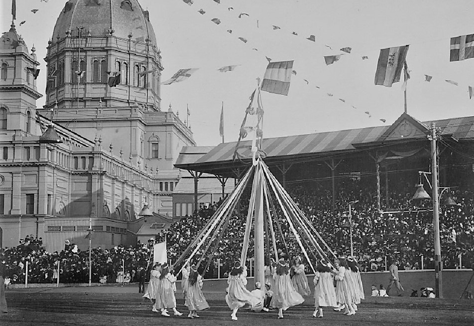 Children dancing around a maypole at the Royal Exhbition Building 1901